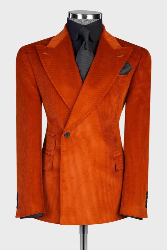 Page Fashion Orange Peaked Lapel Corduroy Slim Fit Men Suits
