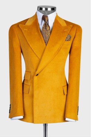 Quentin Newest Gold Peaked Lapel Corduroy Slim Fit Men Suits