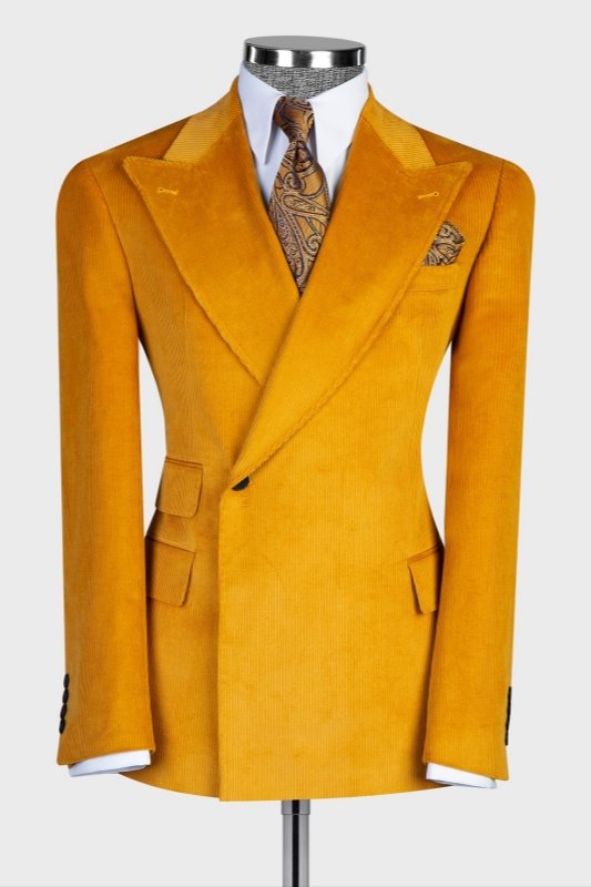 Quentin Newest Gold Peaked Lapel Corduroy Slim Fit Men Suits