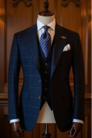 Darren Smart Dark Navy Plaid Notched Lapel Three Pieces Men Suits For Business Darren Smart Dark Navy Plaid Notched Lapel Three Pieces Men Suits For Business
