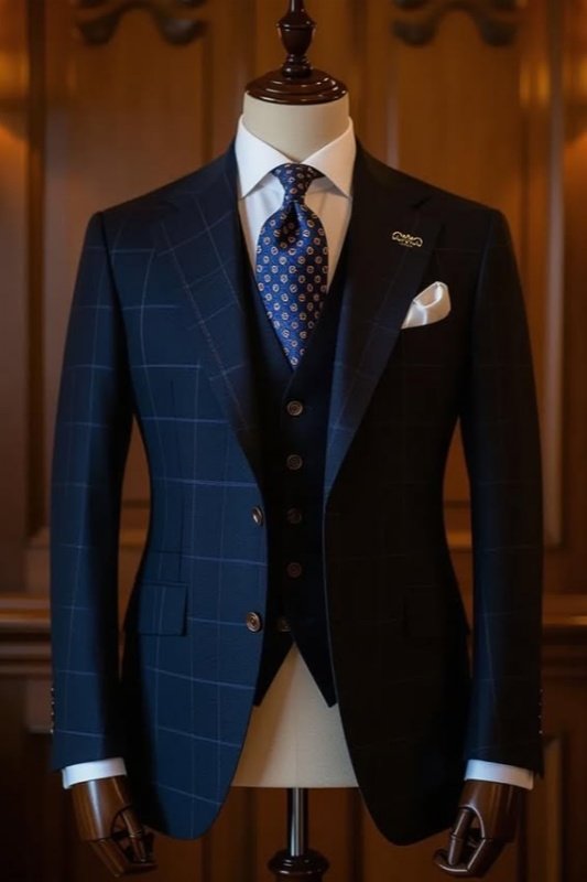 Darren Smart Dark Navy Plaid Notched Lapel Three Pieces Men Suits For Business