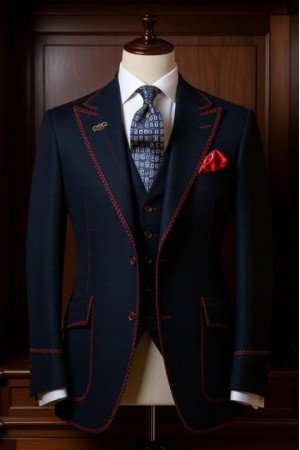 Edison Modern Dark Navy Peaked Lapel Three Pieces Men Suits With Red Edge