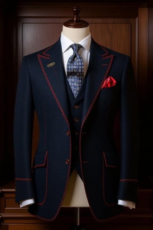 Edison Modern Dark Navy Peaked Lapel Three Pieces Men Suits With Red Edge Edison Modern Dark Navy Peaked Lapel Three Pieces Men Suits With Red Edge