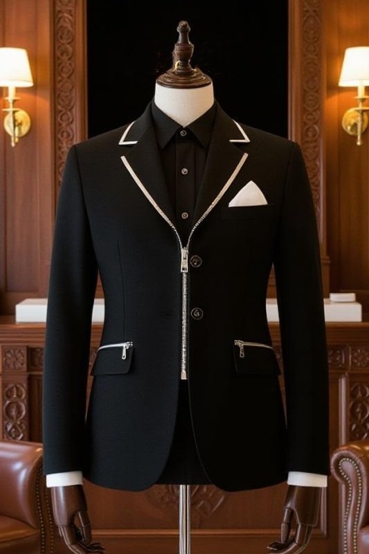 Ferdinand Chic Black Notched Lapel Close Fitting Men Suits With Zipper Ferdinand Chic Black Notched Lapel Close Fitting Men Suits With Zipper
