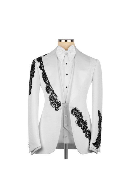 Reeves Fashion White Peaked Lapel Three Pieces Appliques Men Suits For Prom Reeves Fashion White Peaked Lapel Three Pieces Appliques Men Suits For Prom