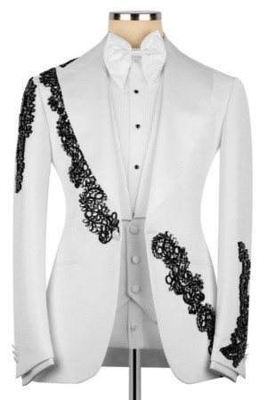 Reeves Fashion White Peaked Lapel Three Pieces Appliques Men Suits For Prom