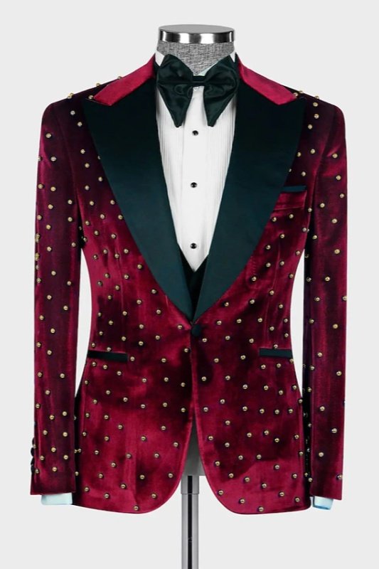 Hilary Newest Burgundy Peaked Lapel Three Pieces Velvet Beadings Men Suits Hilary Newest Burgundy Peaked Lapel Three Pieces Velvet Beadings Men Suits