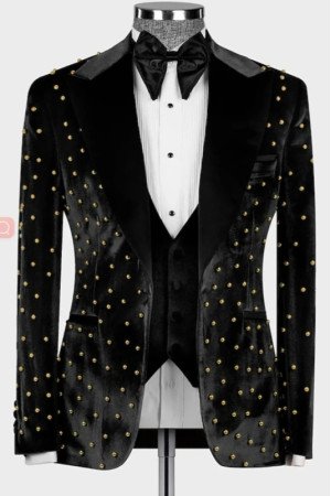Johnson Newest Black Peaked Lapel Three Pieces Velvet Beadings Men Suits Johnson Newest Black Peaked Lapel Three Pieces Velvet Beadings Men Suits