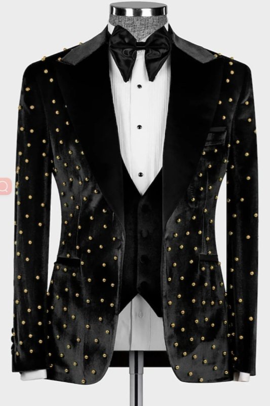 Johnson Newest Black Peaked Lapel Three Pieces Velvet Beadings Men Suits Johnson Newest Black Peaked Lapel Three Pieces Velvet Beadings Men Suits