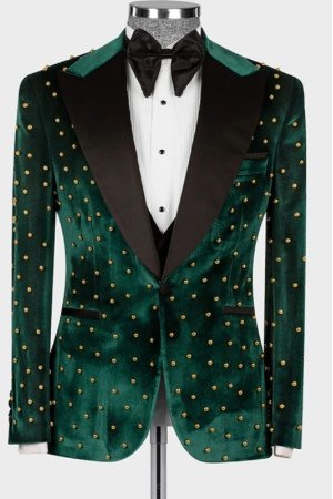 Lucien Newest Dark Green Peaked Lapel Three Pieces Velvet Beadings Men Suits Lucien Newest Dark Green Peaked Lapel Three Pieces Velvet Beadings Men Suits