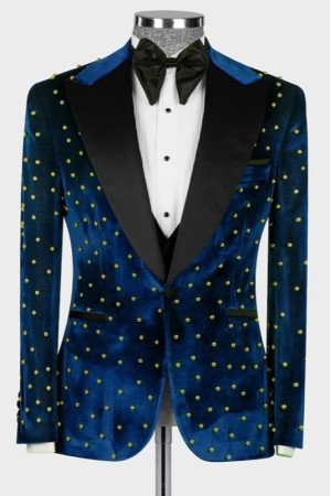 Max Newest Dark Blue Peaked Lapel Three Pieces Velvet Beadings Men Suits Max Newest Dark Blue Peaked Lapel Three Pieces Velvet Beadings Men Suits