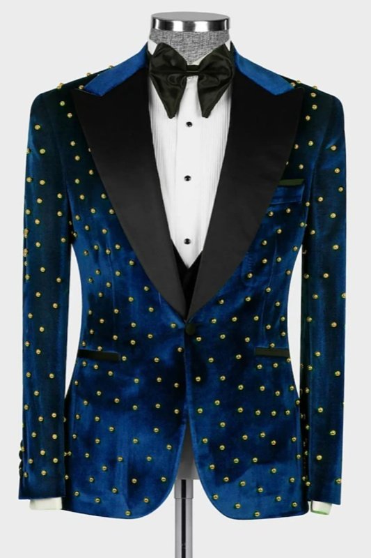 Max Newest Dark Blue Peaked Lapel Three Pieces Velvet Beadings Men Suits