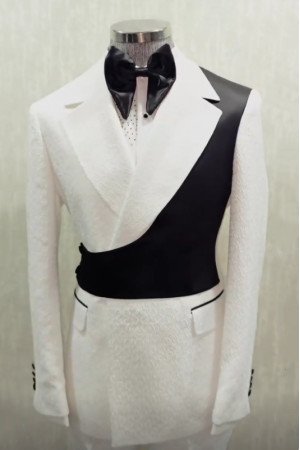 Douglas White Jacquard Notched Lapel Best Fitted Prom Suits With Black Shoulder Douglas White Jacquard Notched Lapel Best Fitted Prom Suits With Black Shoulder
