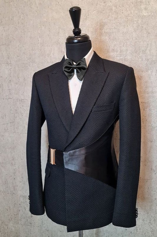 Erica Fashion Black Plaid Peaked Lapel Slim Fit Prom Men Suits With Gold Button Erica Fashion Black Plaid Peaked Lapel Slim Fit Prom Men Suits With Gold Button