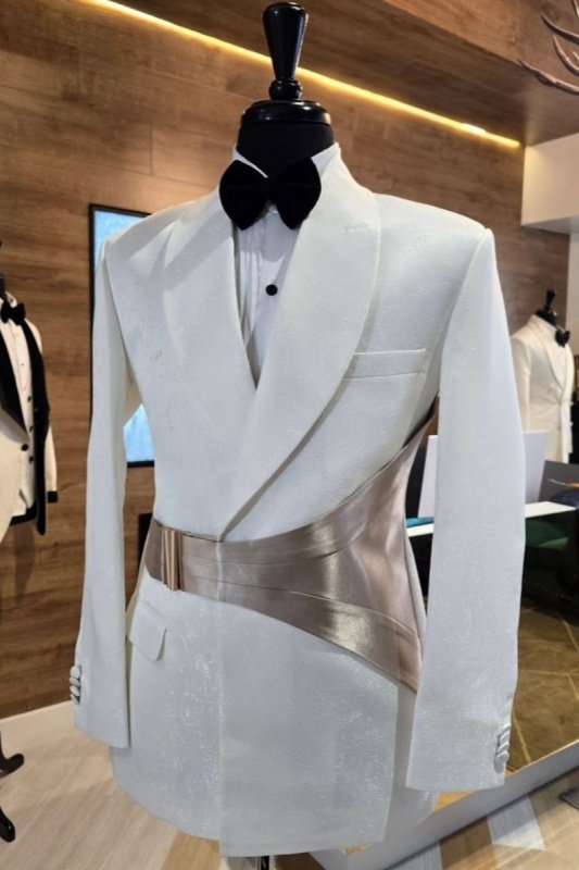 Greg Chic White Jacquard Shawl Lapel Wedding Men Suits With Velvet Belt Greg Chic White Jacquard Shawl Lapel Wedding Men Suits With Velvet Belt