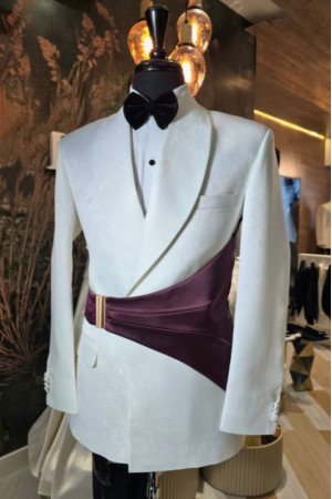 Hiram Chic White Jacquard Shawl Lapel Wedding Men Suits With Purple Velvet Belt Hiram Chic White Jacquard Shawl Lapel Wedding Men Suits With Purple Velvet Belt
