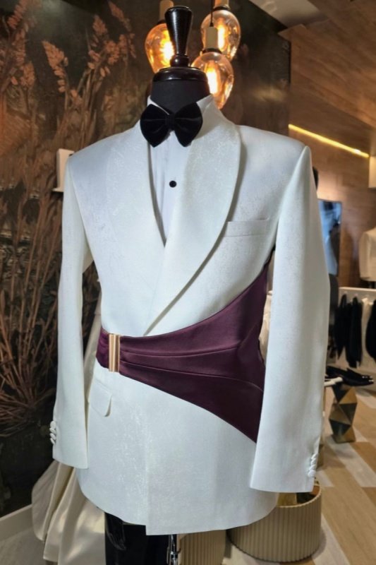Hiram Chic White Jacquard Shawl Lapel Wedding Men Suits With Purple Velvet Belt Hiram Chic White Jacquard Shawl Lapel Wedding Men Suits With Purple Velvet Belt