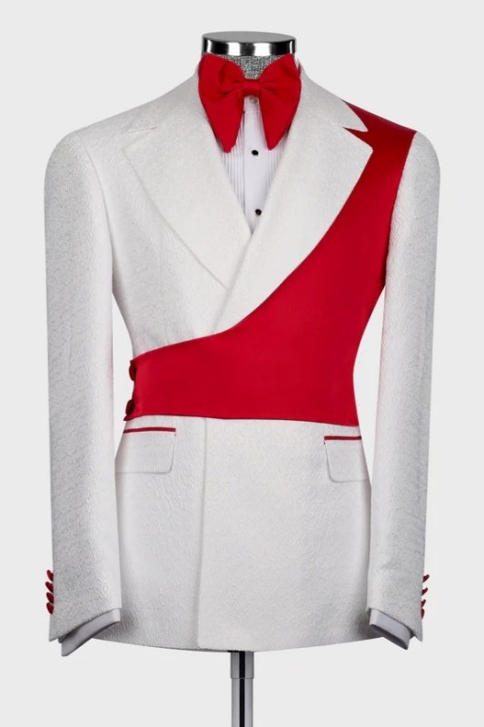 Devinb Chic White Notched Lapel Jacquard Prom Men Suits With Red Shoulder