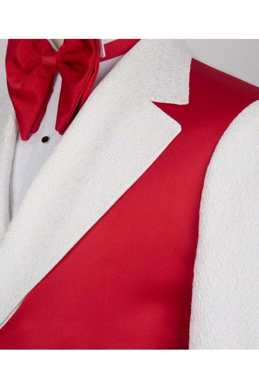 Devinb Chic White Notched Lapel Jacquard Prom Men Suits With Red Shoulder