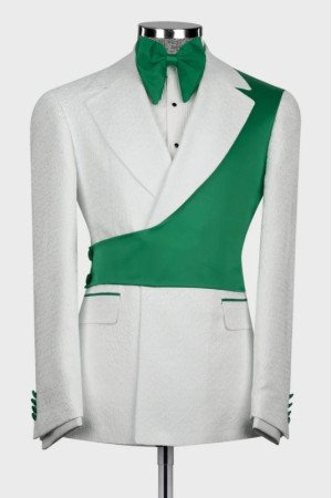Elliott Chic White Notched Lapel Jacquard Men Suits With Green Shoulder