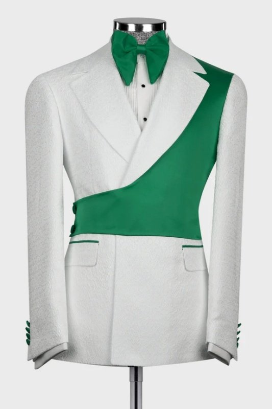 Elliott Chic White Notched Lapel Jacquard Men Suits With Green Shoulder