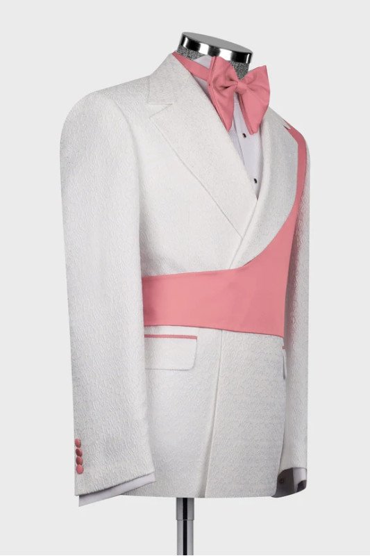 Giancarlo Chic White Notched Lapel Jacquard Men Suits With Pink Shoulder