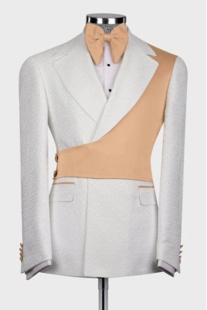 Harvey Chic White Notched Lapel Jacquard Men Suits With Khaki Shoulder Harvey Chic White Notched Lapel Jacquard Men Suits With Khaki Shoulder