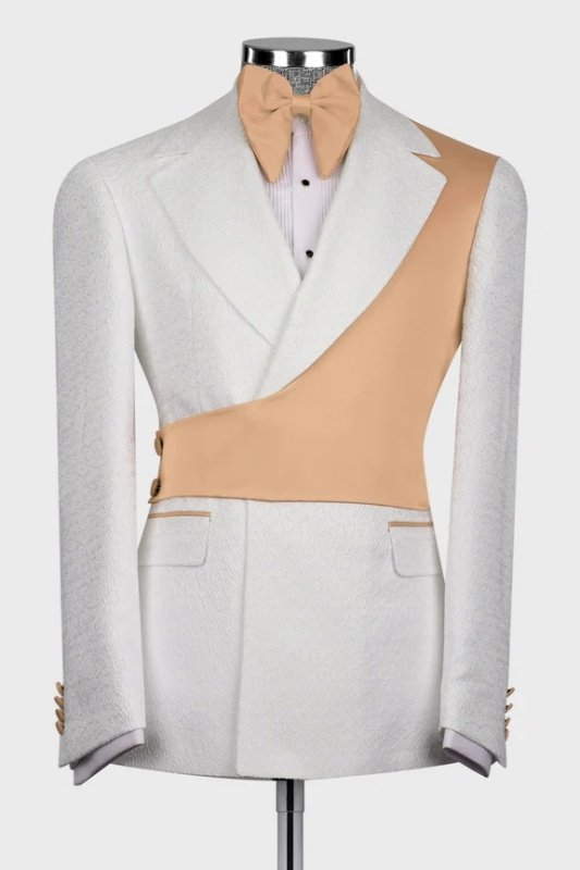 Harvey Chic White Notched Lapel Jacquard Men Suits With Khaki Shoulder