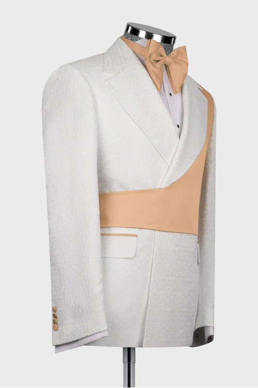 Harvey Chic White Notched Lapel Jacquard Men Suits With Khaki Shoulder