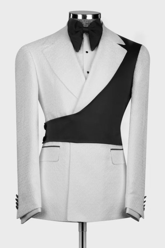 Levi Chic White Notched Lapel Jacquard Prom Men Suits With Black Shoulder