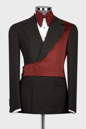 Marsh Chic Black Notched Lapel Jacquard Prom Men Suits With Burgundy Shoulder