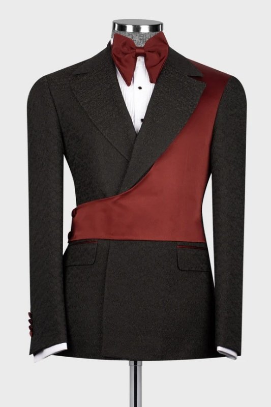 Marsh Chic Black Notched Lapel Jacquard Prom Men Suits With Burgundy Shoulder