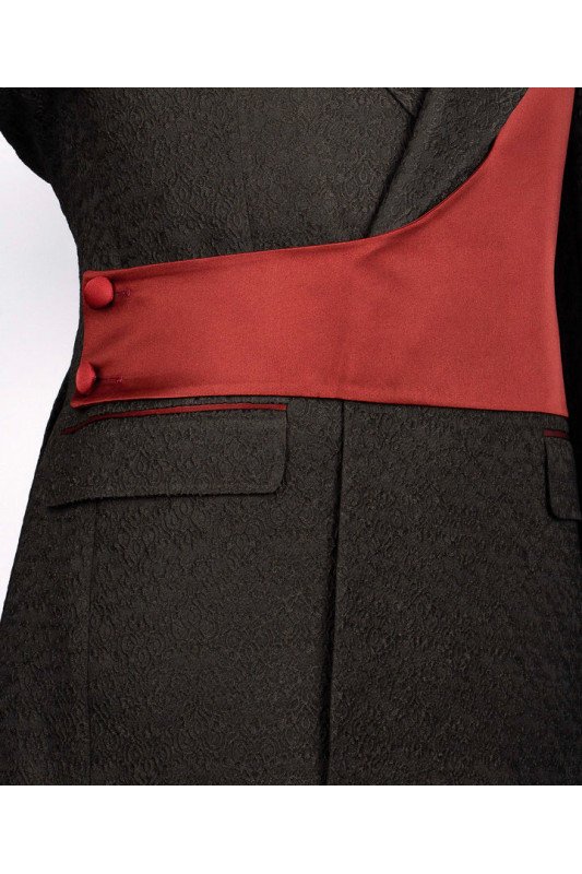 Marsh Chic Black Notched Lapel Jacquard Prom Men Suits With Burgundy Shoulder