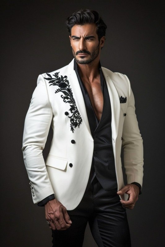 Hamiltion Fashion White Peaked Lapel Appliques Men Suits For Prom