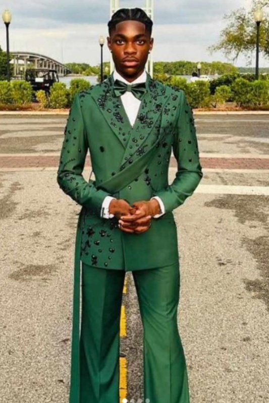 Ken Handsome Green Peaked Lapel Beadings Men Suits With Belt