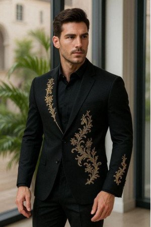 Nathan Modern Black Notched Lapel Appliques Prom Men Suits