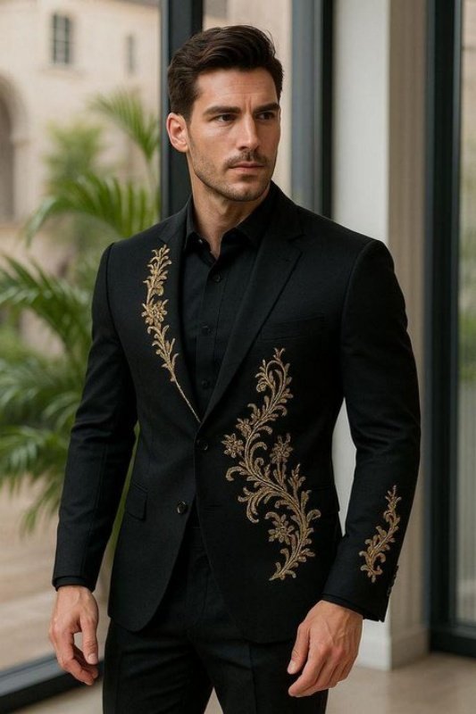 Nathan Modern Black Notched Lapel Appliques Prom Men Suits