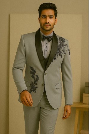 Omar Chic Gray Shawl Lapel Three Pieces Appliques Men Suits