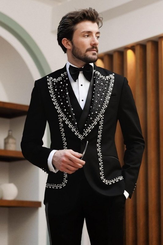 Ramsey Fashion Black Three Pieces Beadings Men Suits For Prom Outfits Ramsey Fashion Black Three Pieces Beadings Men Suits For Prom Outfits