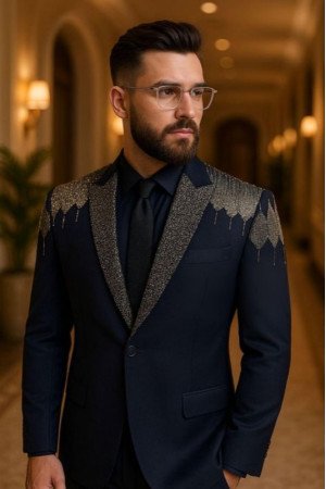 Tate Dark Navy Peaked Lapel Jacquard Men Suits For Prom