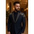 Tate Dark Navy Peaked Lapel Jacquard Men Suits For Prom