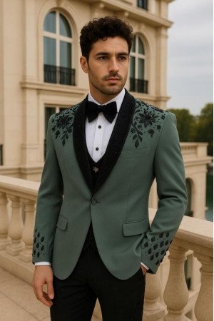 Dave Fancy Dark Green Shawl Lapel Appliques Men Suits Dave Fancy Dark Green Shawl Lapel Appliques Men Suits