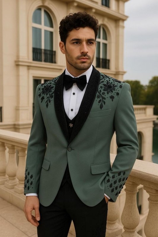 Dave Fancy Dark Green Shawl Lapel Appliques Men Suits