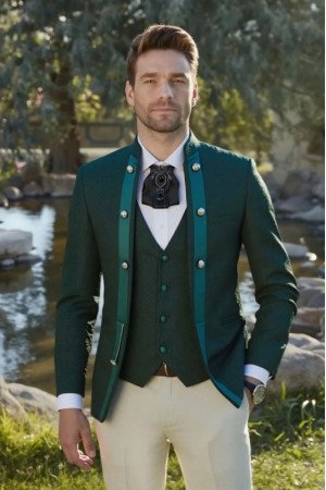 Gene Stylish Dark Green Jacquard Three Pieces Best Fitted Prom Men Suits