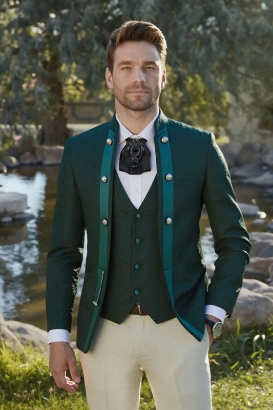 Gene Stylish Dark Green Jacquard Three Pieces Best Fitted Prom Men Suits