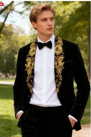Hardy Fancy Black Velvet Slim Fit Men Suits With Appliques Shawl Lapel