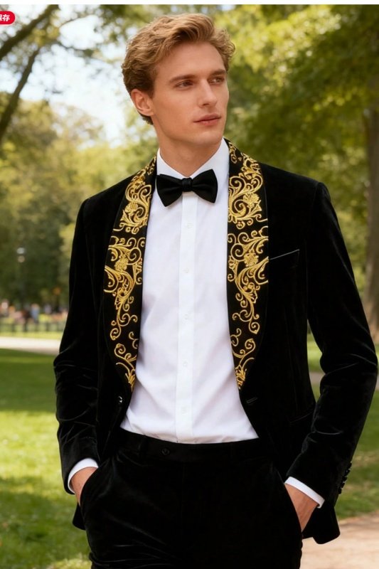 Hardy Fancy Black Velvet Slim Fit Men Suits With Appliques Shawl Lapel