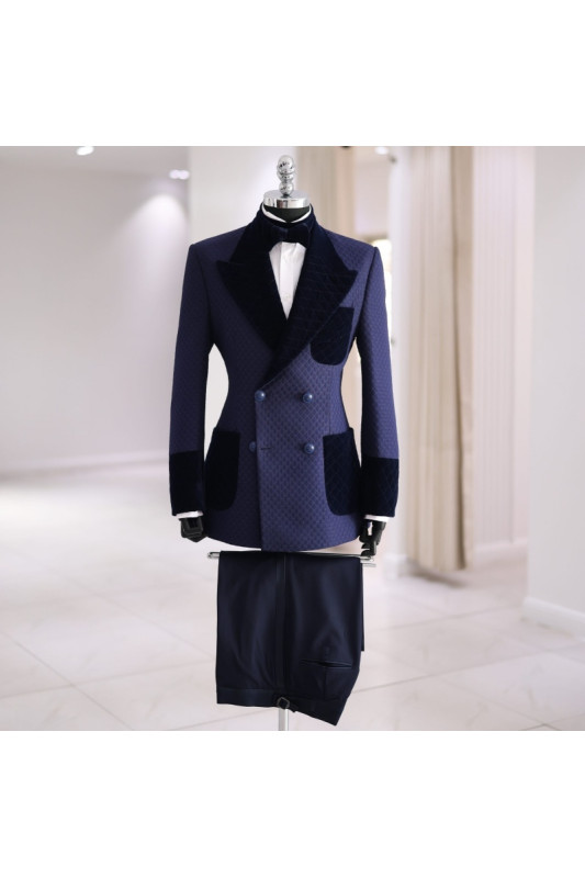 King Newest Navy Blue Peaked Lapel Double Breasted Plaid Men Suits Best Fitted Prom Men Suits