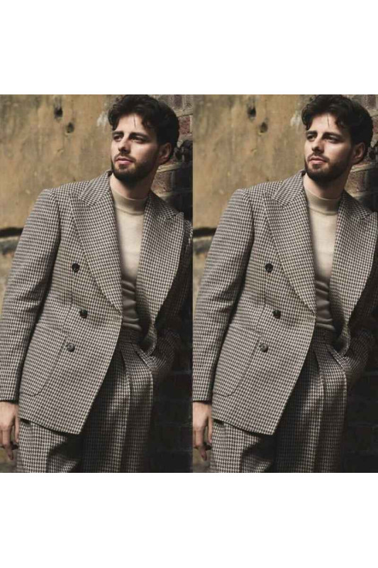 Lester Fashion Gray Peaked Lapel Plaid Men Suits