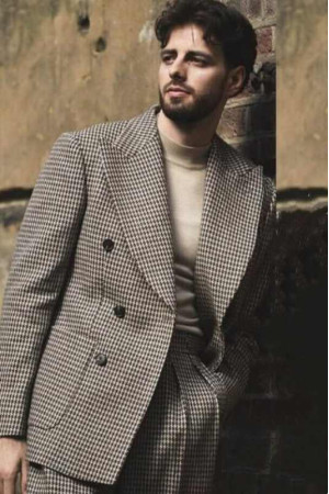 Lester Fashion Gray Peaked Lapel Plaid Men Suits